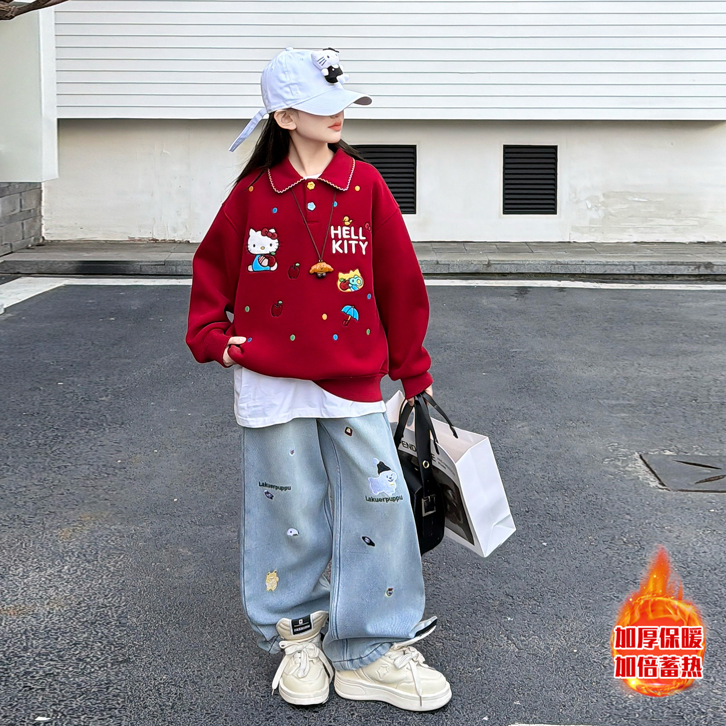 女童冬季加绒刺绣卫衣套装2025