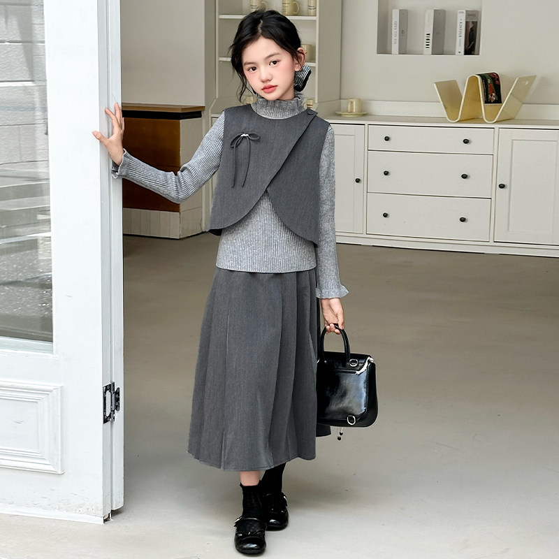 女童春秋时尚不规则马甲毛衣打底半身裙三件套中大童女孩时髦秋装