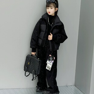 女童满天星棉衣套装2025秋冬新款中大童潮酷棉服外套闪亮阔腿裤潮