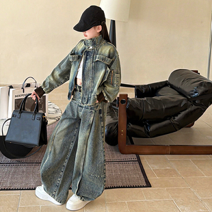 女童春装牛仔套装2026新款中大童复古时髦外套阔腿裤两件套春秋款