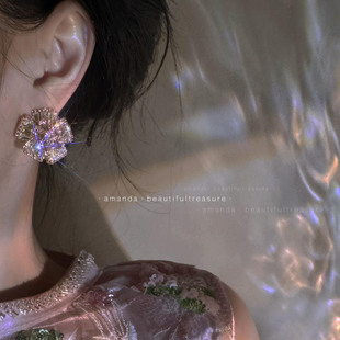 法式 宫廷耳环耳饰 复古轻奢夸张闪钻粉色花朵高级感气质耳钉女时尚