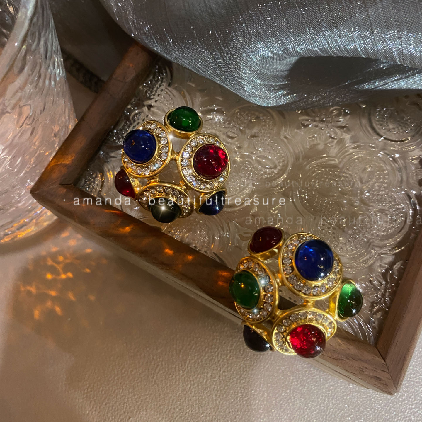 欧美风复古彩色琉璃耳钉