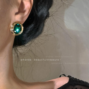 祖母绿宝石耳钉女时尚轻奢金边镶嵌高级复古银针高级感气质钻耳环