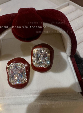 轻奢满钻锆石高级感新款气质优雅方形耳钉复古港风法式红色耳环女