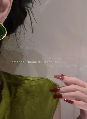 港风绿色宝石大耳钉女夸张时尚耳环欧美方形复古高级小众气质耳饰