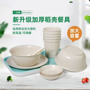 稻壳一次性餐具碗筷独立套装勺杯可降解食品级聚餐家用野餐四件套