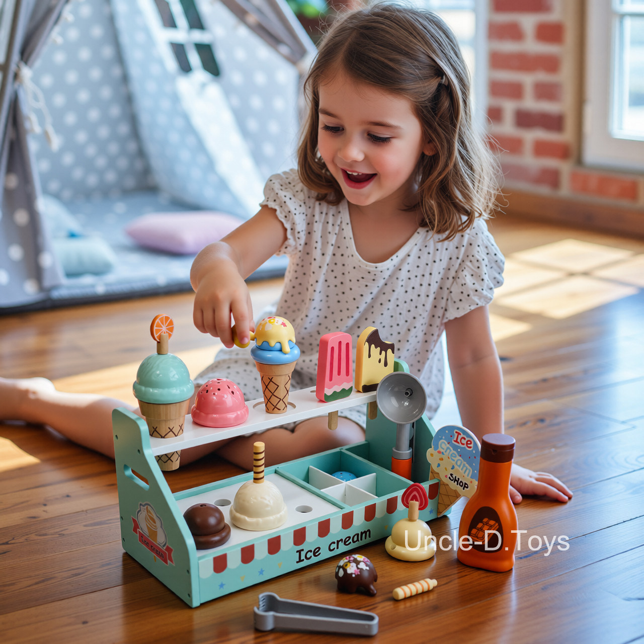 木制仿真双层冰淇淋车售卖厨房过家家玩具甜品雪糕商店点心男女孩