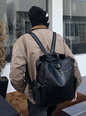 YUEN英伦风复古大容量双肩包pu百搭通勤皮质背包男女大学生日系潮