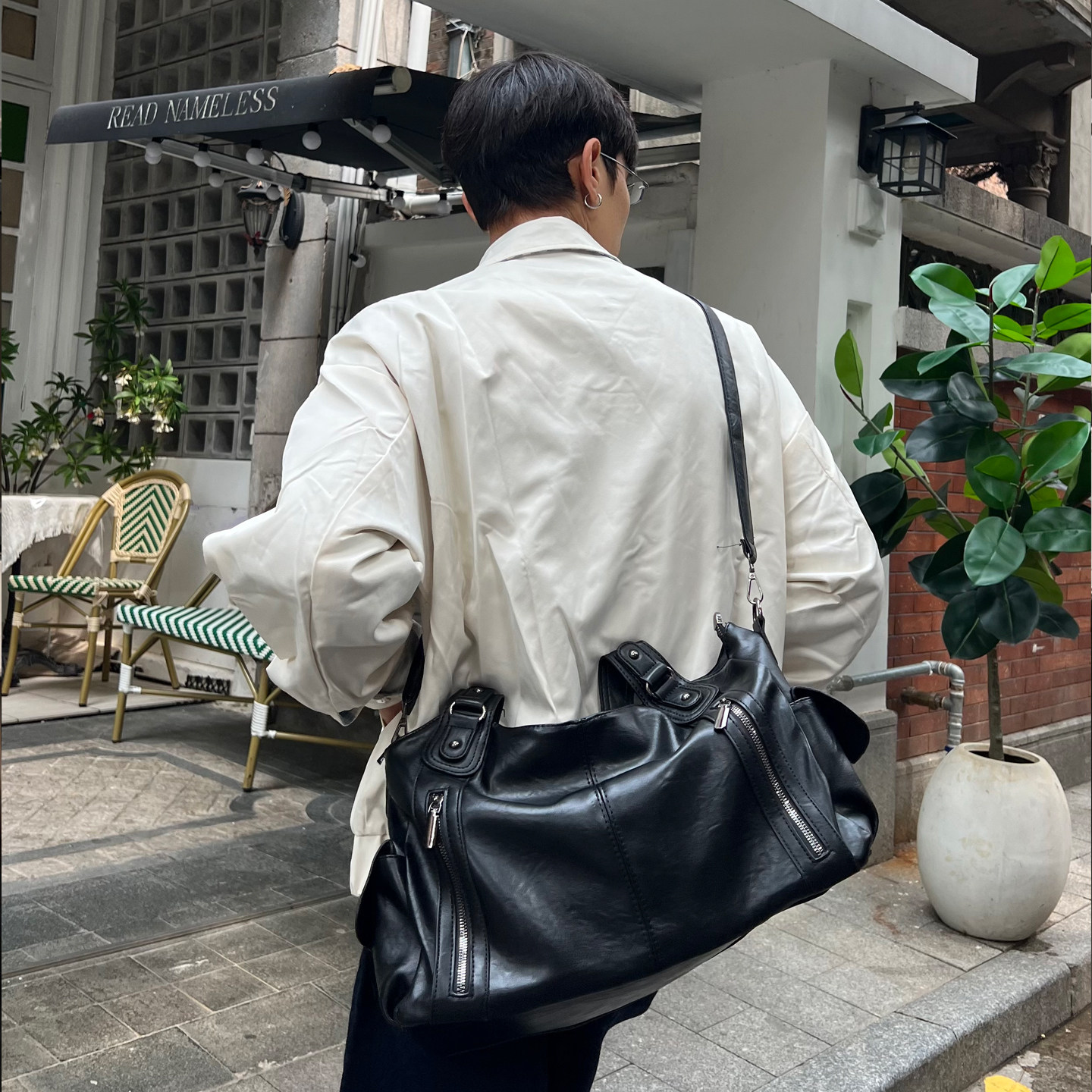 YUEN设计款ins暗黑系单肩斜挎托特包男女街头手提港风原宿皮质包