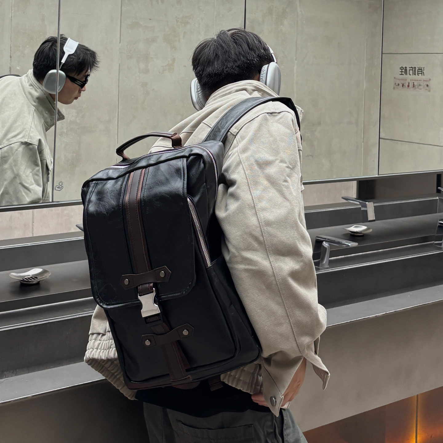 YUEN高级感皮质复古双肩包背包男女街头大学生书包ins休闲大容量