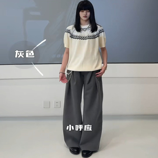 立体工字褶A字廓形弯刀TR西裤通勤休闲裤直筒阔腿拖地长裤子灰色