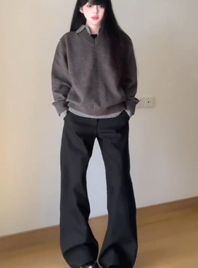 假两件V领毛衣针织衫男女经典撞色老钱风宽松cleanfit宽松 上衣潮