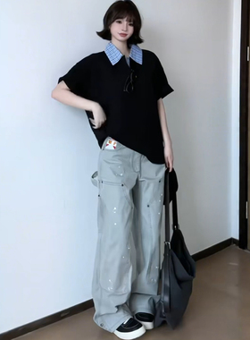 泼墨水洗双膝工装伐木裤烟盒刺绣直筒宽松美式复古牛仔裤男女款