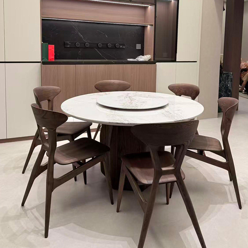 北欧侘寂风实木圆形岩板旋转餐桌椅轻奢高级感胡桃木饭桌大圆桌