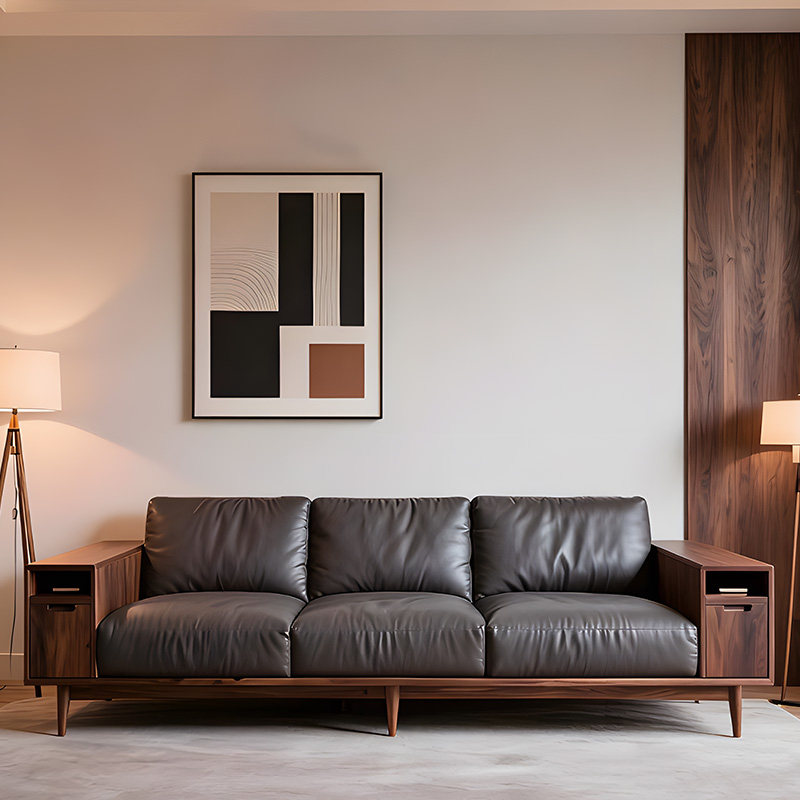 新中式实木胡桃木客厅直排沙发新款高端现代简约轻奢真皮储物沙发