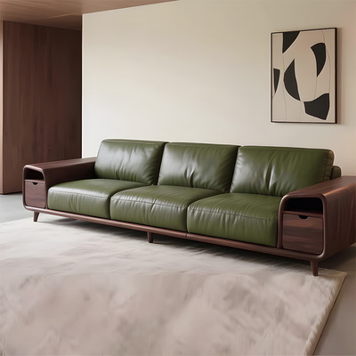 新中式实木沙发宋式美学2025新款高端北美黑胡桃木真皮直排沙发