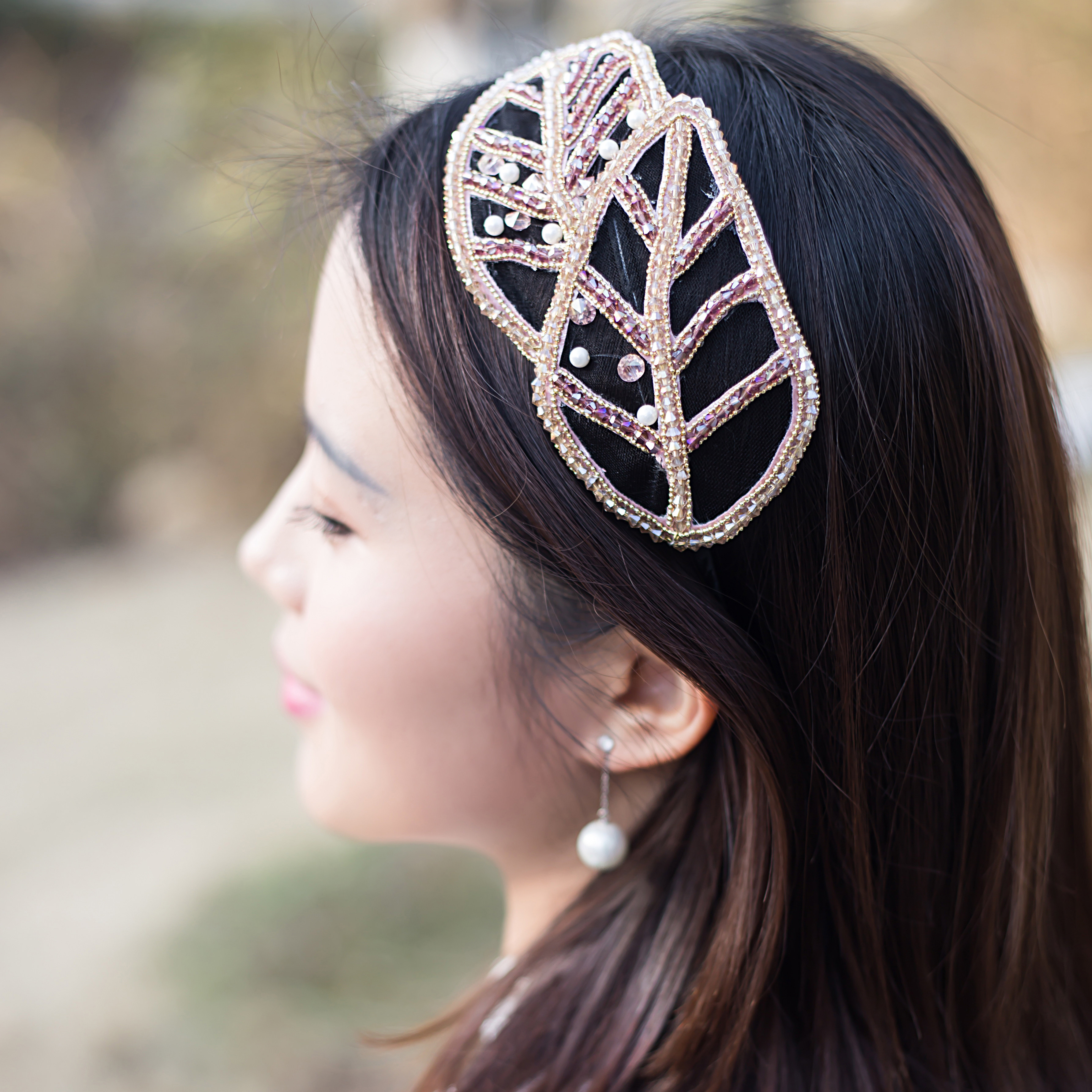 瑰陌饰品紫色蓝色香槟色宽发箍树叶发箍水晶发箍高端精致发饰手工