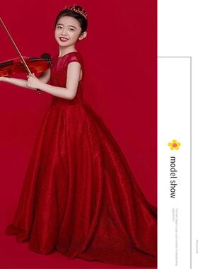 儿童礼服裙红色拖地走秀长裙小主持人钢琴小提琴表演演出公主裙女