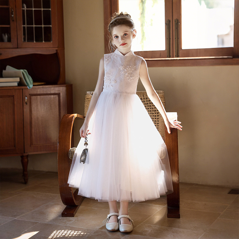 新中式儿童礼服民族乐器古筝演出服女童演奏中国风旗袍白色礼服