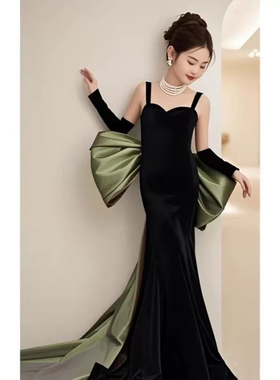 轻奢绿色女童礼服高端大拖尾黑色吊带鱼尾裙主持人走秀钢琴演奏服