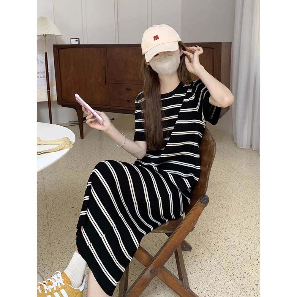 慵懒风条纹短袖针织t恤连衣裙女夏季宽松韩系减龄直筒休闲长裙子