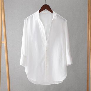 home daily 七分袖亚麻衬衫男春夏宽松薄款透气纯色男士衬衣
