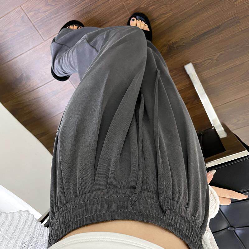 欧洲站女夏季时尚薄款灰色垂感阔腿裤休闲冰丝松紧直筒防晒拖地裤