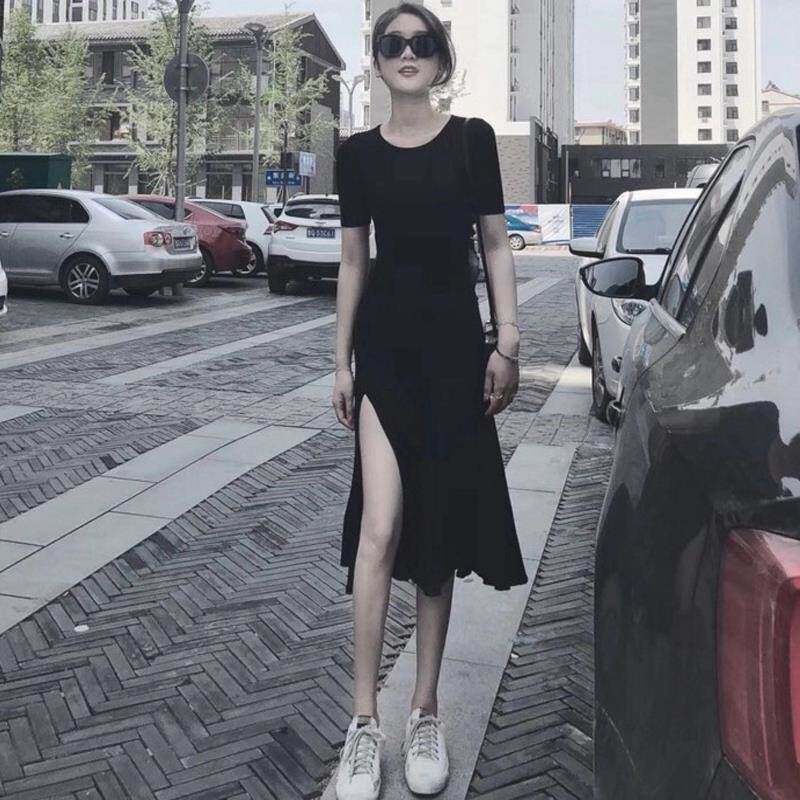 欧洲站2025夏季新款法式修身赫本小黑裙女显瘦性感开叉鱼尾连衣裙