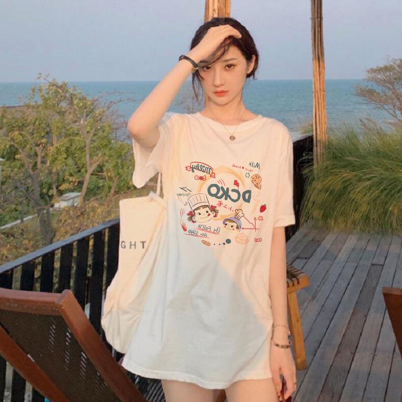 白色短袖t恤女夏季薄款设计感小众中长款宽松休闲纯棉半袖上衣潮