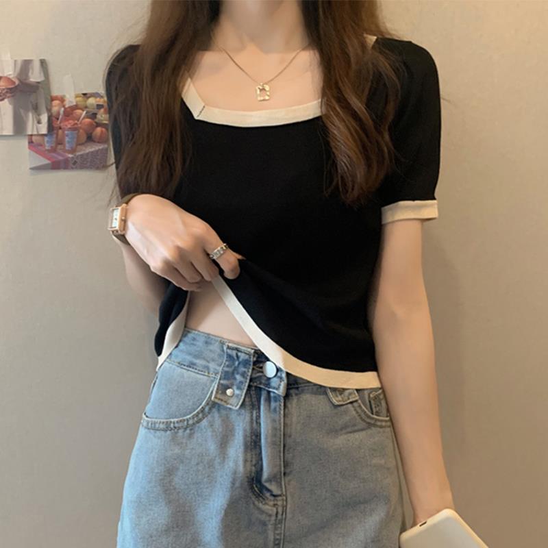 韩国夏装新款方领短袖t恤女冰丝针织衫大码胖妹妹正肩显瘦薄上衣