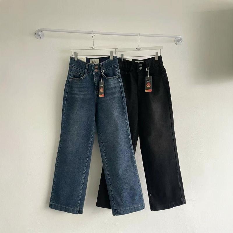 加绒冬季加厚牛仔裤阔腿直筒长裤