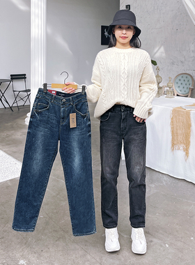 冬季高腰加绒牛仔裤萝卜裤女韩国howluk修身哈伦裤保暖长裤