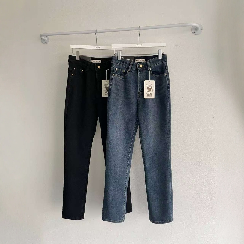 韩国代购高腰加绒显瘦直筒牛仔裤