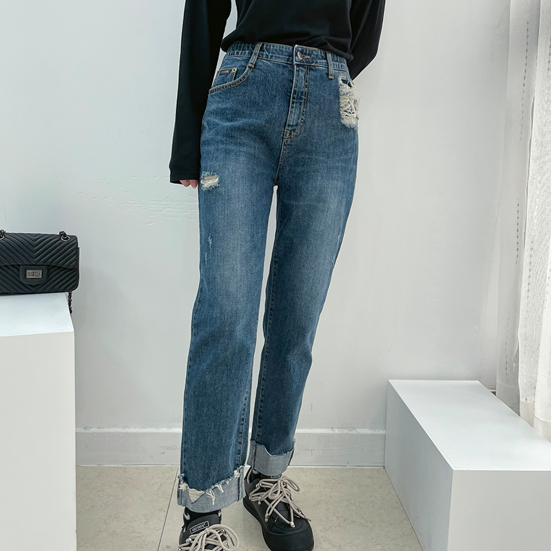 韩国howluk破洞修身男友风宽松直筒牛仔裤女2021秋季新款高腰长裤