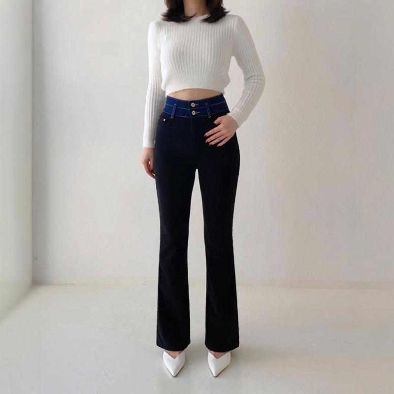 韩国代购秋冬弹力黑色喇叭牛仔裤