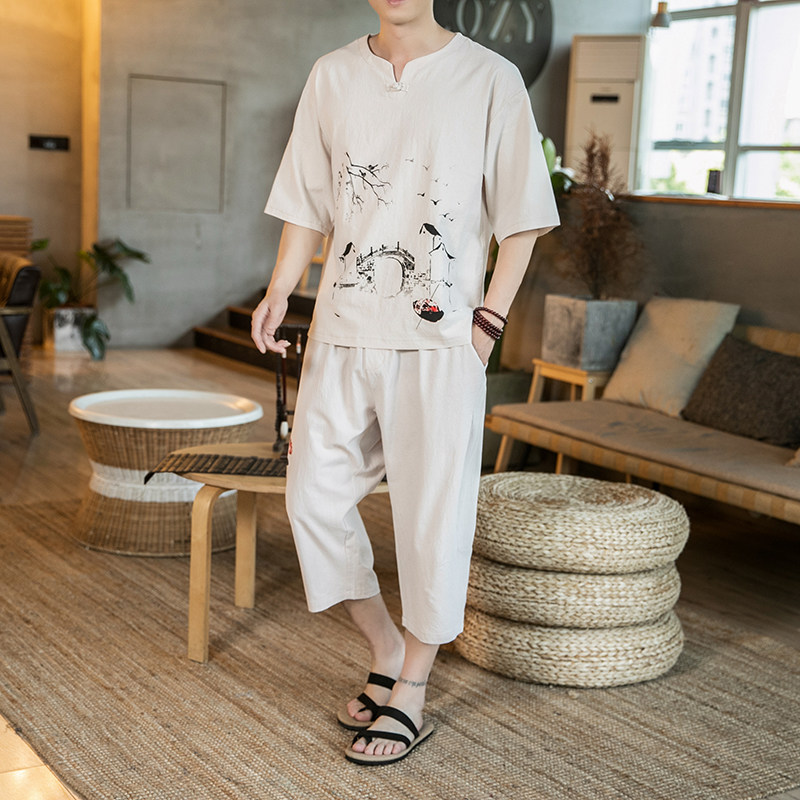 风夏装棉麻亚麻刺绣套装男两件套大码=七分裤两件套T837/,男装休闲套装,星座507-2（原305A）