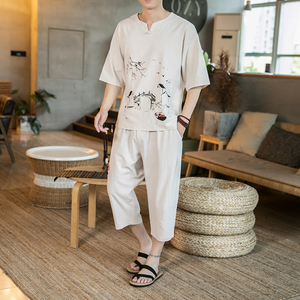 风夏装棉麻亚麻刺绣套装男两件套大码=七分裤两件套T837/图片