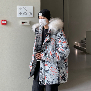 冬新款设计宽松印花图案连帽毛领中长款中性棉衣M2023图片