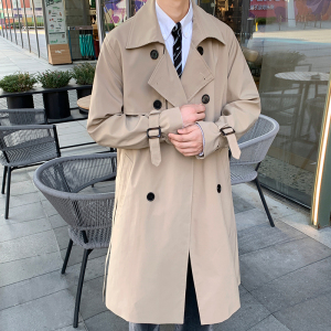 港风秋冬双排扣呢料风衣男宽松中长款纯色大衣休闲外套F2022/P105图片