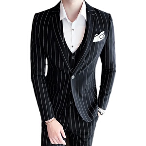 2021年条纹绅士英伦潮流条纹西服套装三件套男韩版修身XF20图片