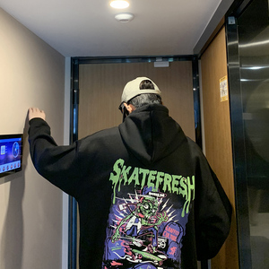 加绒港风宽松男士套头连帽卫衣中性百搭卫衣袋鼠兜W412P40图片