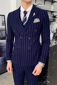 2019商务修身条纹西服三件套男韩版青年发型师正装305A-XF21-P265图片