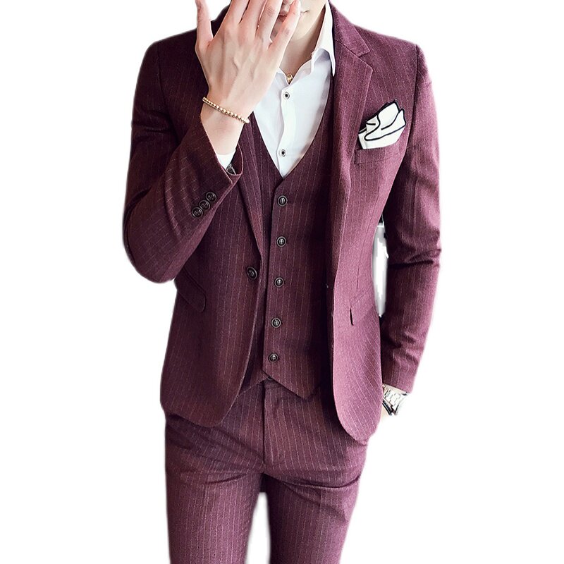 秋装新款小西装高品质西服套装结婚礼服三件套酒红色XF15/P265,男装西服套装,星座507-2（原305A）