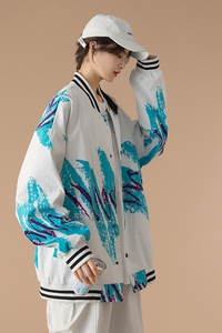 中性青春立领棒球服外套宽松潮流印花 100%聚酯纤维J图片