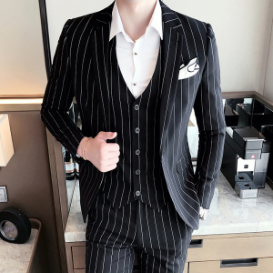2021年条纹绅士英伦潮流条纹西服套装三件套男韩版修身XF20图片