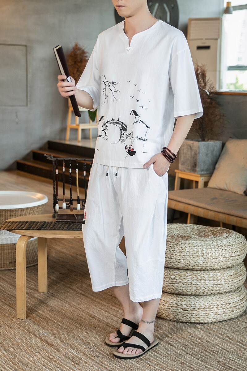 风夏装棉麻亚麻刺绣套装男两件套大码=七分裤两件套T837/,男装休闲套装,星座507-2（原305A）