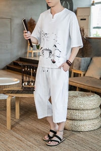 风夏装棉麻亚麻刺绣套装男两件套大码=七分裤两件套T837/图片