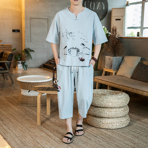 风夏装棉麻亚麻刺绣套装男两件套大码=七分裤两件套T837/图片