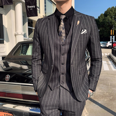 韩版青年商务修身条纹单排扣套装男新郎伴郎团礼服