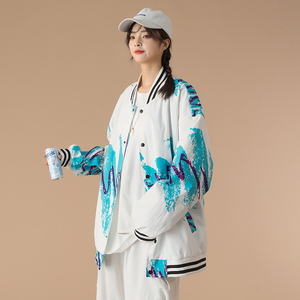 中性情侣 拼接刺绣夹克棒球服外套 潮流 100%聚酯纤维-J图片